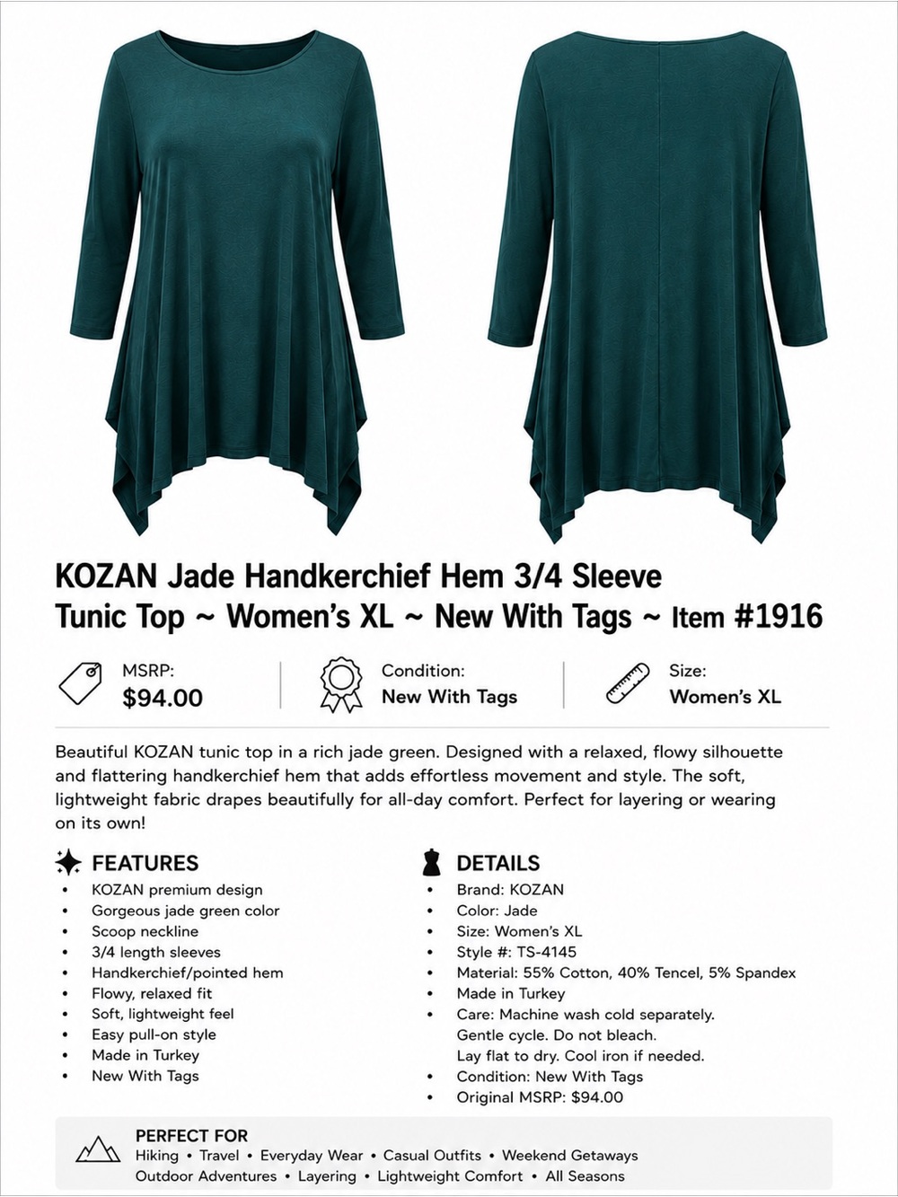 KOZAN Jade Green Handkerchief Hem Tunic Top NWT ~ Item #1916